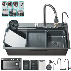 Modern Stainless Steel Kitchen Sink 31.5x18 inch Drop in Single Bowl Matte Gray Waterfall Kitchen Sink with Pull Down Faucet，Drain Assembly Accessories Flying Rain Mixer Faucet