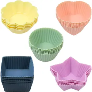 25 Pack Silicone Cupcake Liners Reusable Muffin Liners Non-stick Cupcake Molds Five Shapes Flower Heart Round Star Rectangle Baking Cups Easy Clean Silicone Muffin Cups Eco-Friendly Bakeware Utensils