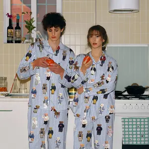 Pajamas Set for Women, Pajamas Bear Set for Women, Cute Bear Print Pajamas, Casual Long Sleeve Shirt & Elastic Pants, Soft Stretch Fabric, Comfortable Pajamas