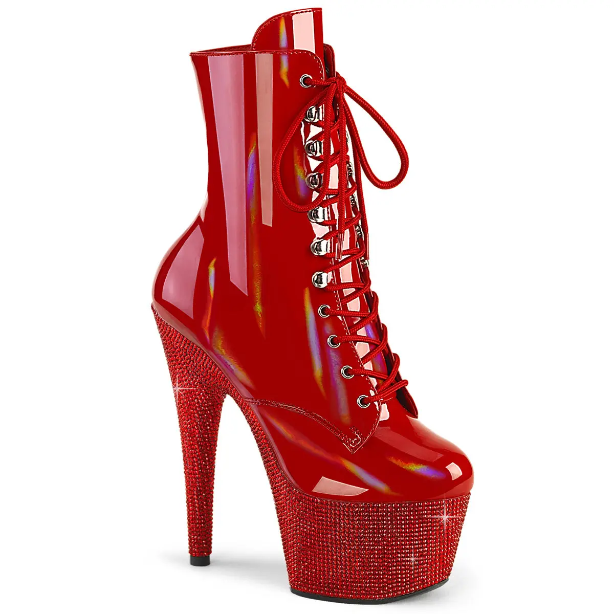 Women's Red Patent Platform Ankle Boots - 7" Heel, Lace-Up, Rhinestone-Encrusted Platform, Side Zipper, Footwear, Ankle Length, Patent Leather, Shoe, Rhinestone Sole, All-Over, All Seasons