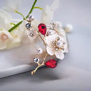 Red Cherry Blossom Pearl Rhinestone Brooch Pin