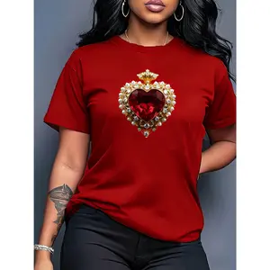 100% cotton women's heart-print short-sleeve T-shirt, heart-printed round neck, casual style, elegant and romantic summer wear, fashionable for commuting, vacation, and everyday wear, versatile casual top available in multiple colors