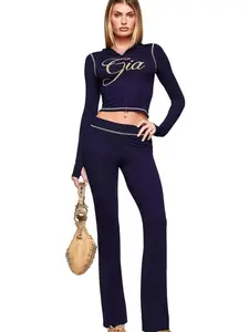 Y2K Casual Long Sleeve Zipper Crop Top & Pants Set Women Slim 2 Piece Outfit Trendy Long Sleeve Zipper Two Piece Set For Women Fashion Slim Fit Crop Top Outfit Women Streetwear Casual Two Piece Set Long Sleeve Zipper Slim Crop Top & Pants