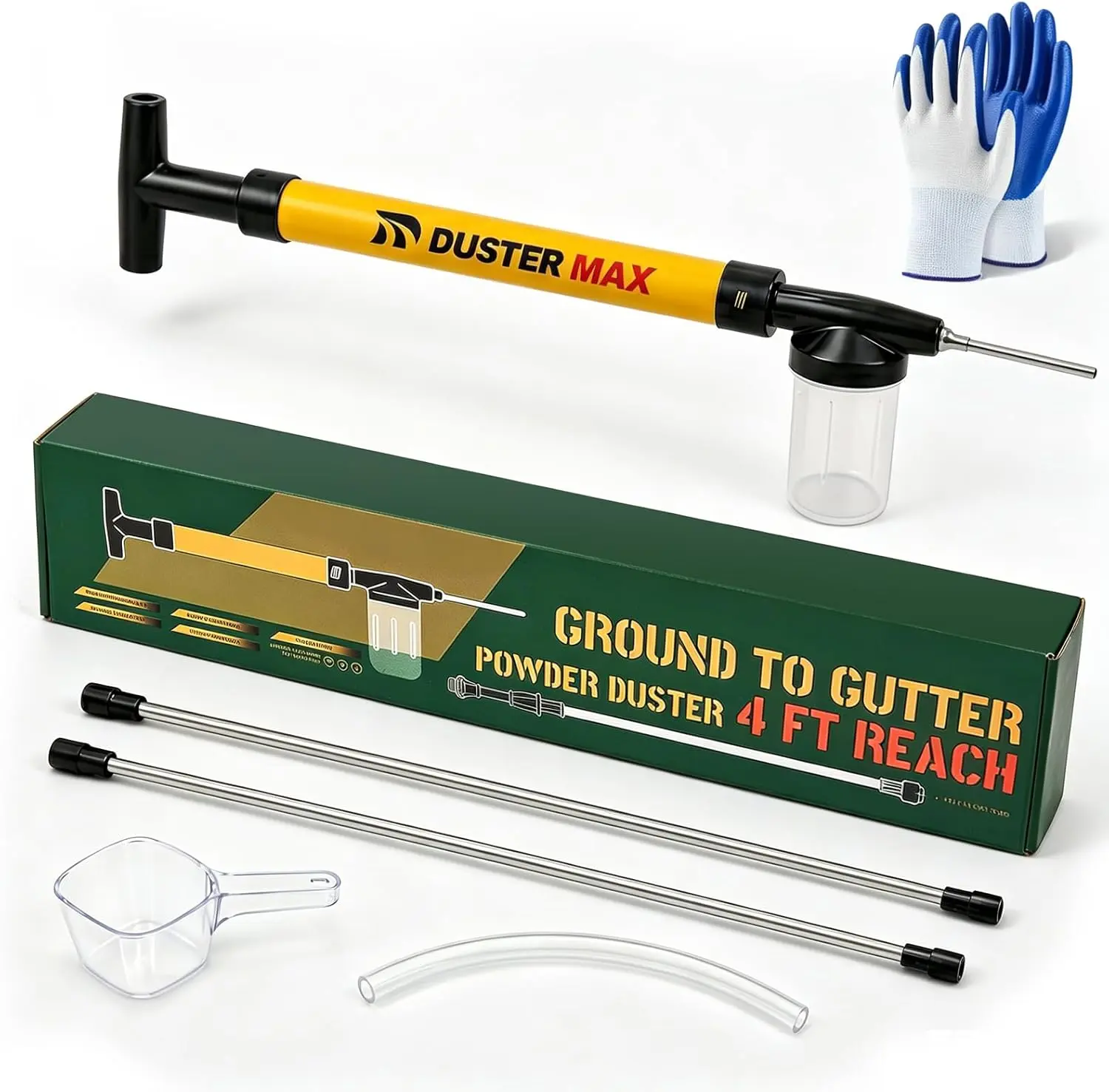 Diatomaceous Earth Powder Duster, 4FT Adjustable Long Reach Pump Applicator, Easy Powder Sprayer for DE & Dry Powder Use Around Gardens, Plants, Cracks, Corners & Baseboards