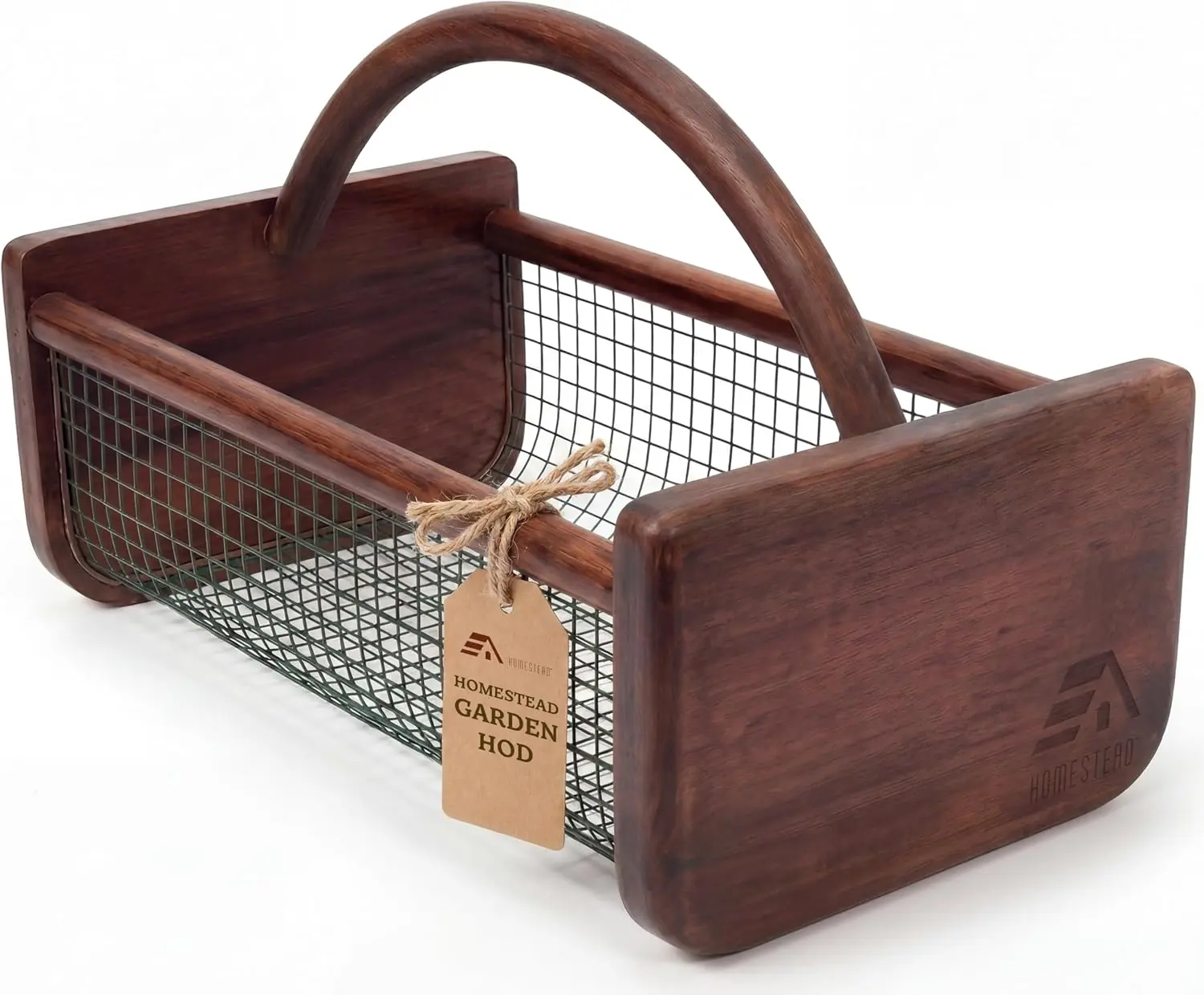 HOMESTEAD Garden Hod Harvest Basket, Durable Acacia Wood Frame with Rotating Handle, Farmhouse Basket for Home Improvement, Gardening, Farm, Kitchen, Indoor Outdoor Use, Brown