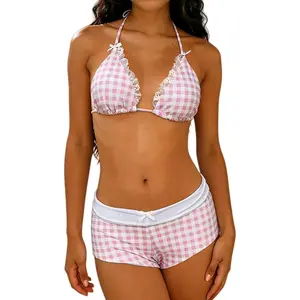 Women's Vintage Halter Triangle Bikini Sets Summer Boy Shorts Swimsuit Lace Trim Y2k Bathing Suits Swimwear