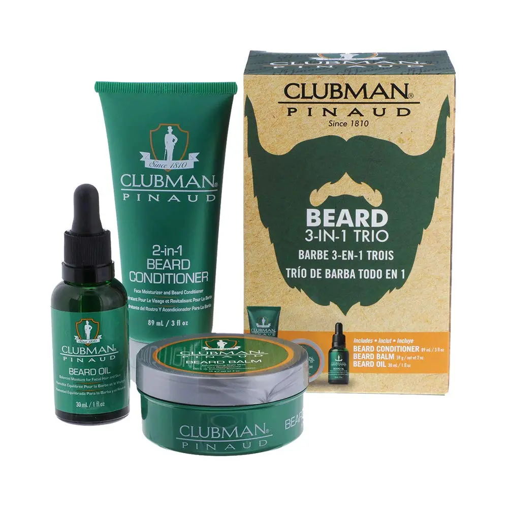 Clubman Pinaud Men's 3-in-1 Beard Starter Kit - Hydrating Set with Moisturizer, Conditioning Conditioner, Beard Oil, Balm, Travel Size, Non, Cruelty Free