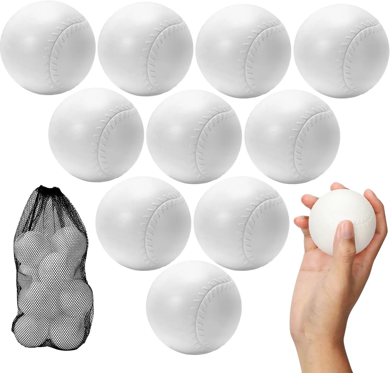 TOY LIFE 10 Pack Oversized T Ball Replacement Balls, 3.5 Inch Hollow Plastic Practice Baseballs for Kids Toddlers Ages 3+, Lightweight Batting Training Balls with Mesh Storage Bag