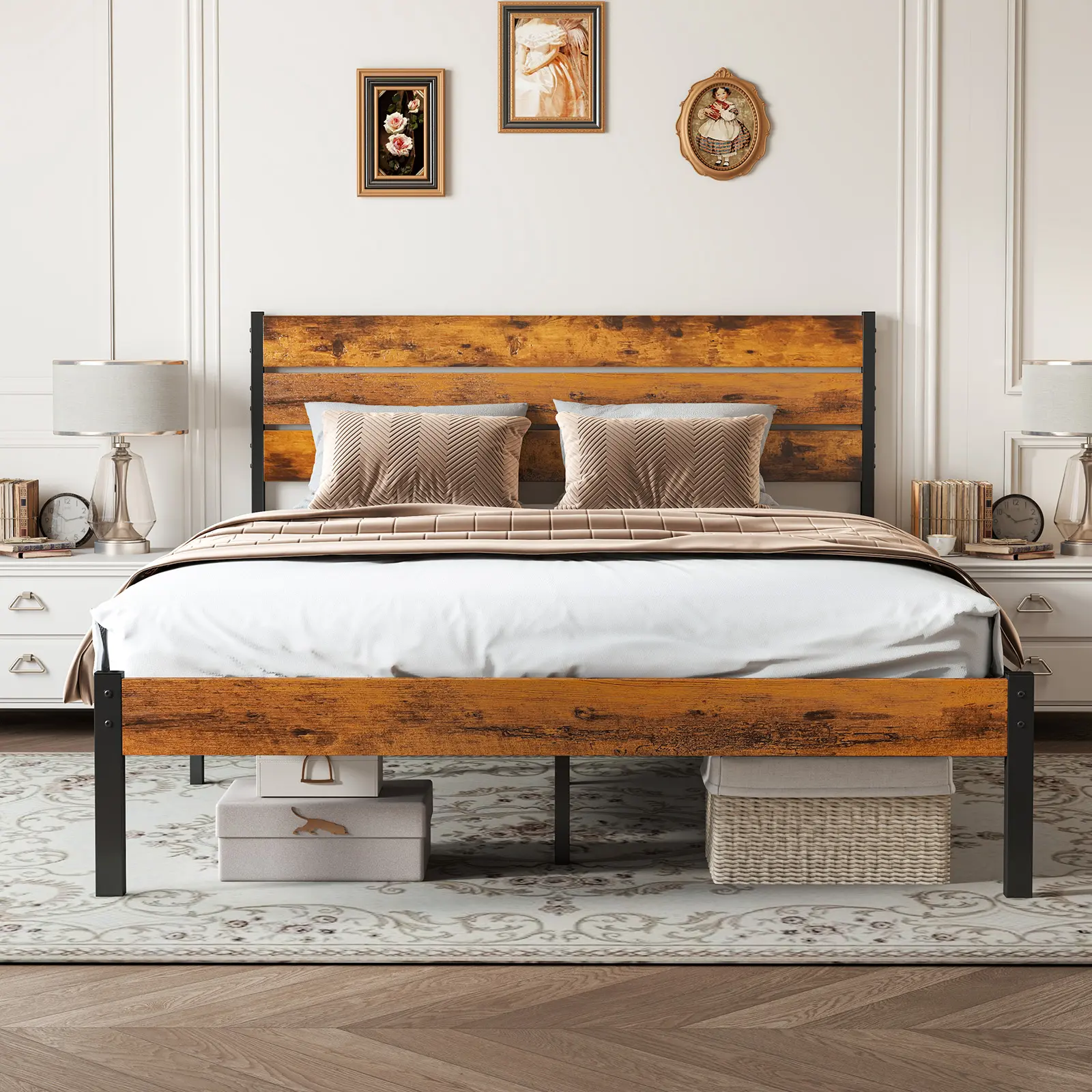 Bed Frame with Headboard, 800LBS Mattress Foundation with All Sturdy Metal Support, Under Bed Storage, No Box Spring Needed, Easy Assembly, Rust Brown