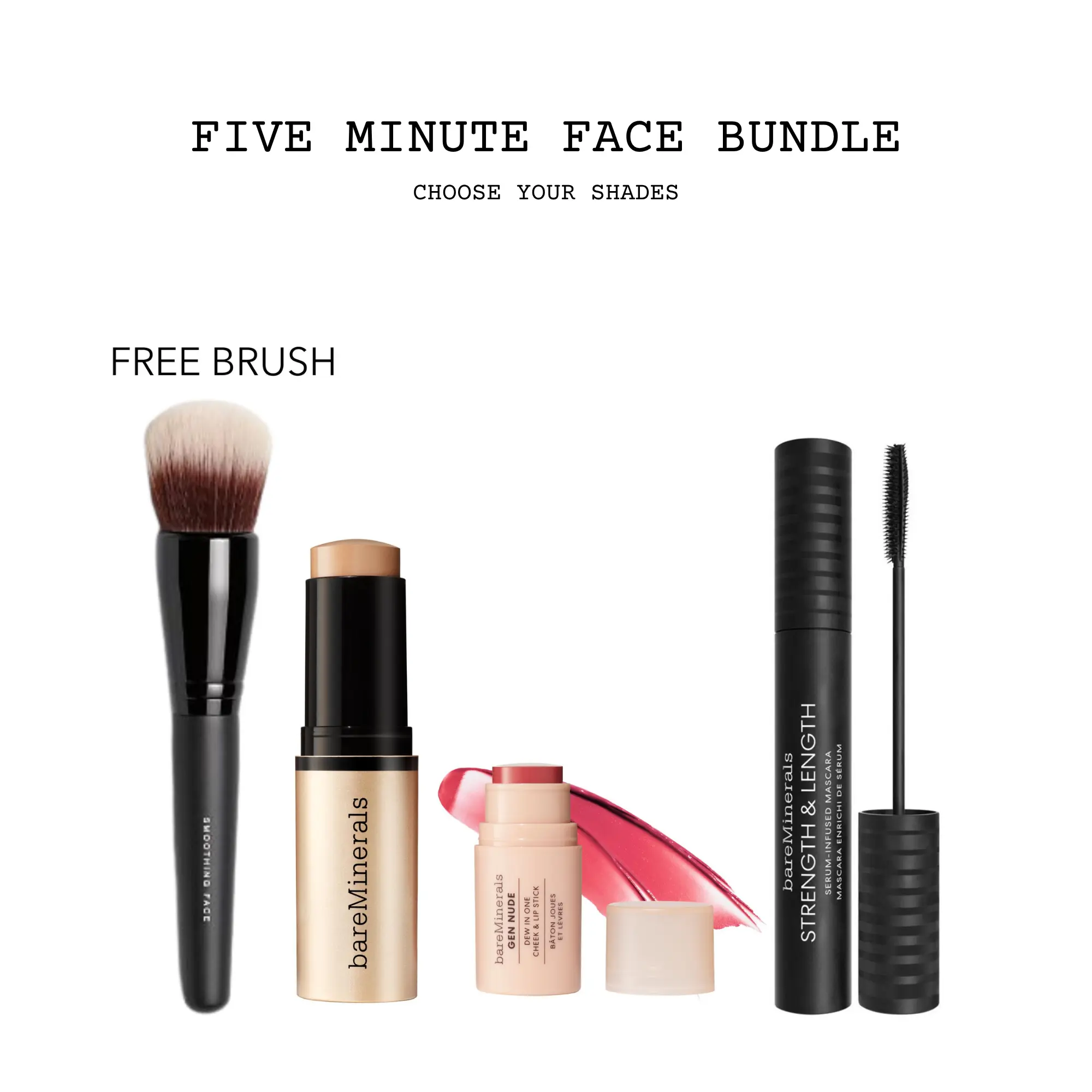bareMinerals Five Minute Face - Includes Brush, Blush, Mascara, Complexion Rescue Skin Tint Stick
