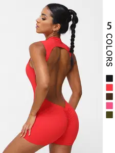 Women's Solid Color Sporty Jumpsuit, Workout Jumpsuit, Sexy Tight Fit Sleeveless Backless Design, Fashionable Comfortable Yoga Fitness One-Piece