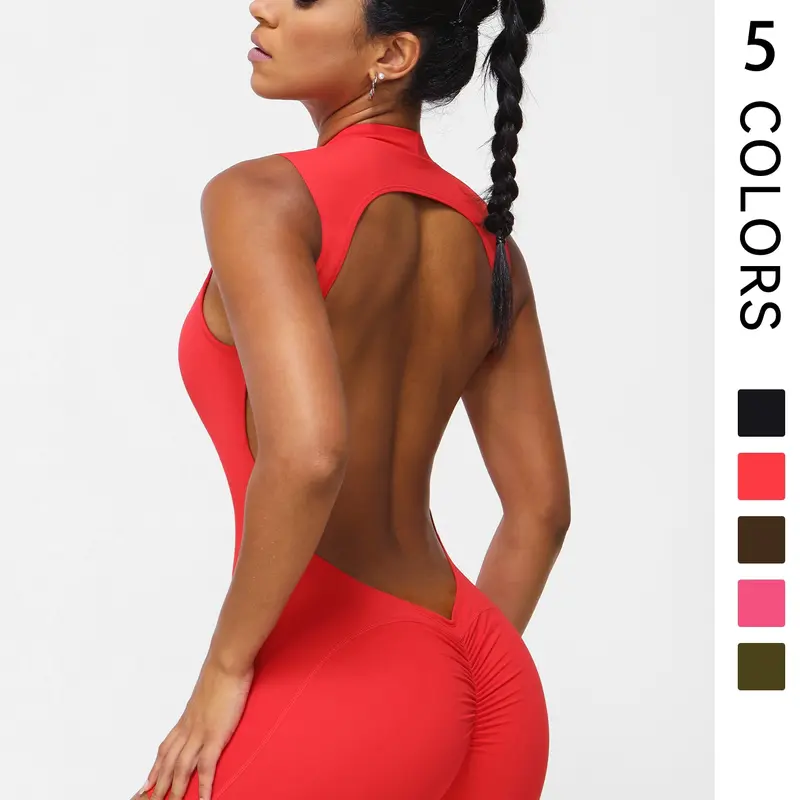 Women's Solid Color Sporty Jumpsuit, Sexy Tight Fit Sleeveless Backless Design, Fashionable Comfortable Yoga Fitness One-Piece, Workout Jumpsuit, Activewear Clothing, Sporty Comfy Jumpsuit, Sleeveless Jumpsuits, Sports Jumpsuit, Plain Jumpsuits
