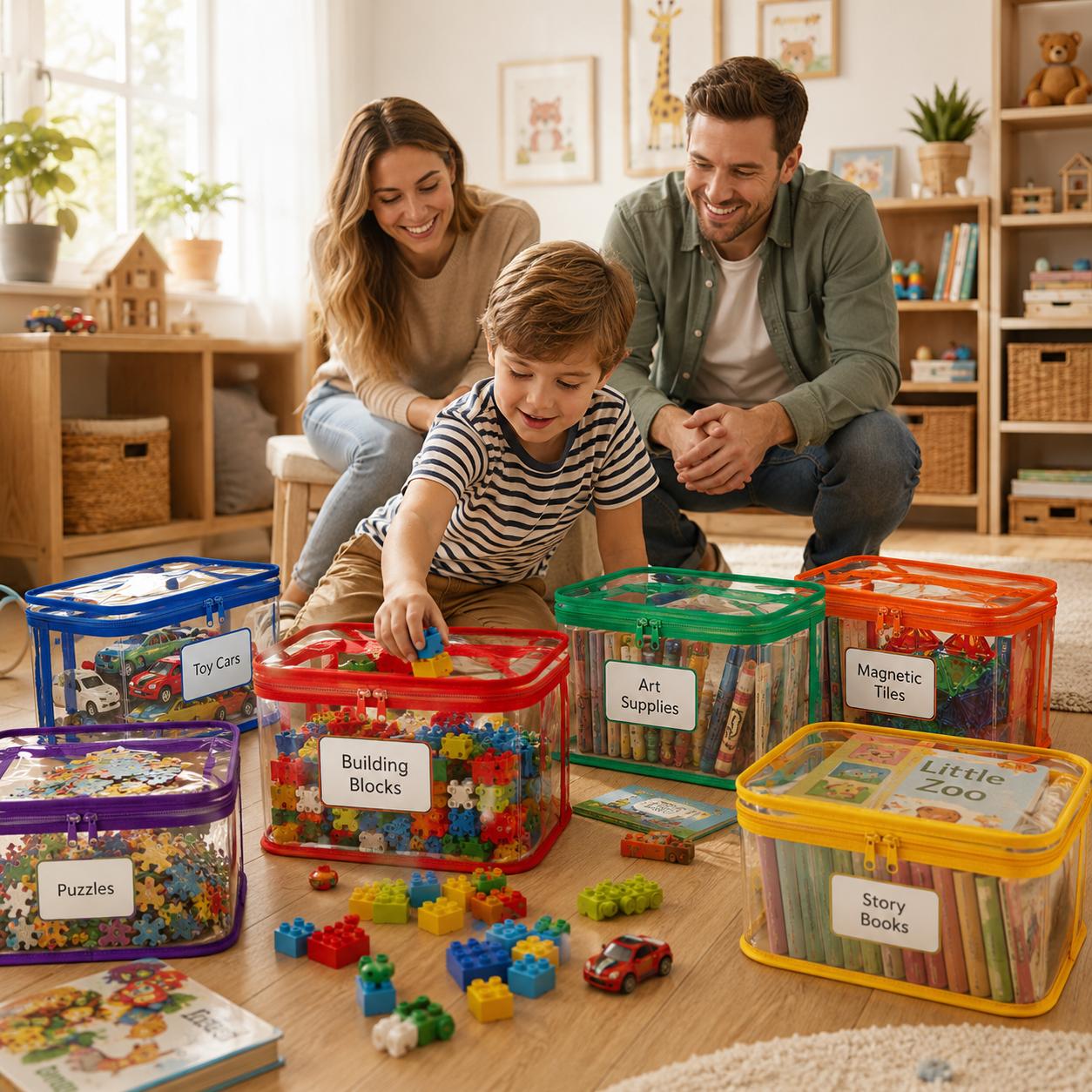 6-Pack Colorful Toy Storage Bags with Labels and Marker, Clear Waterproof PVC Organizer Bags for Building Blocks, Puzzles, Kids’ Crafts