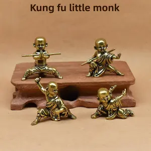 4-piece set of Chinese Kung Fu brass Shaolin monk figurines, desktop office decoration, creative desktop ornaments