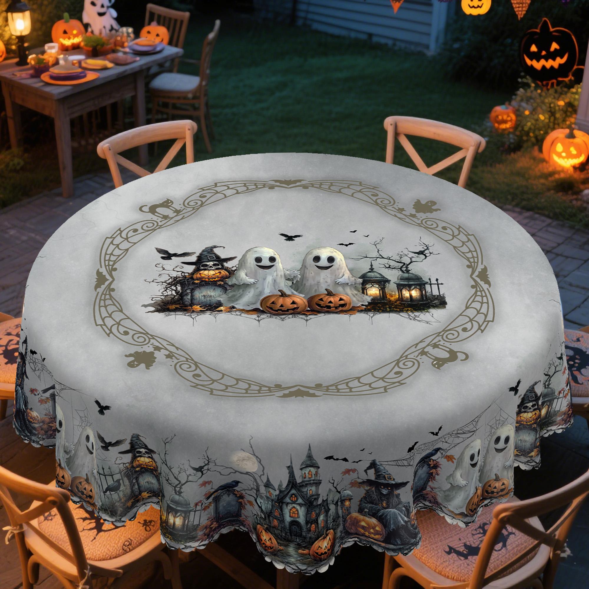 BOOPBEEP Halloween Printed Tablecloth - Vintage Farmhouse Style, Pumpkin & Black Cat Patterns, Rectangular/Round Dining/Kitchen Cover, Nostalgic Halloween Decor, Brunches Indoors Use, Holiday Gift, Pumpkin Ghost Pattern Kitchen Linen Sets, Decoration, Ind