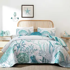 Coastal Quilts Bedding Set  Size, Summer Green Fish Coral Nautical Bedding Quilt Set with Pillow Cases,  Beach Reversible Bedspreads Coverlet Soft Microfiber Lightweight Comforter