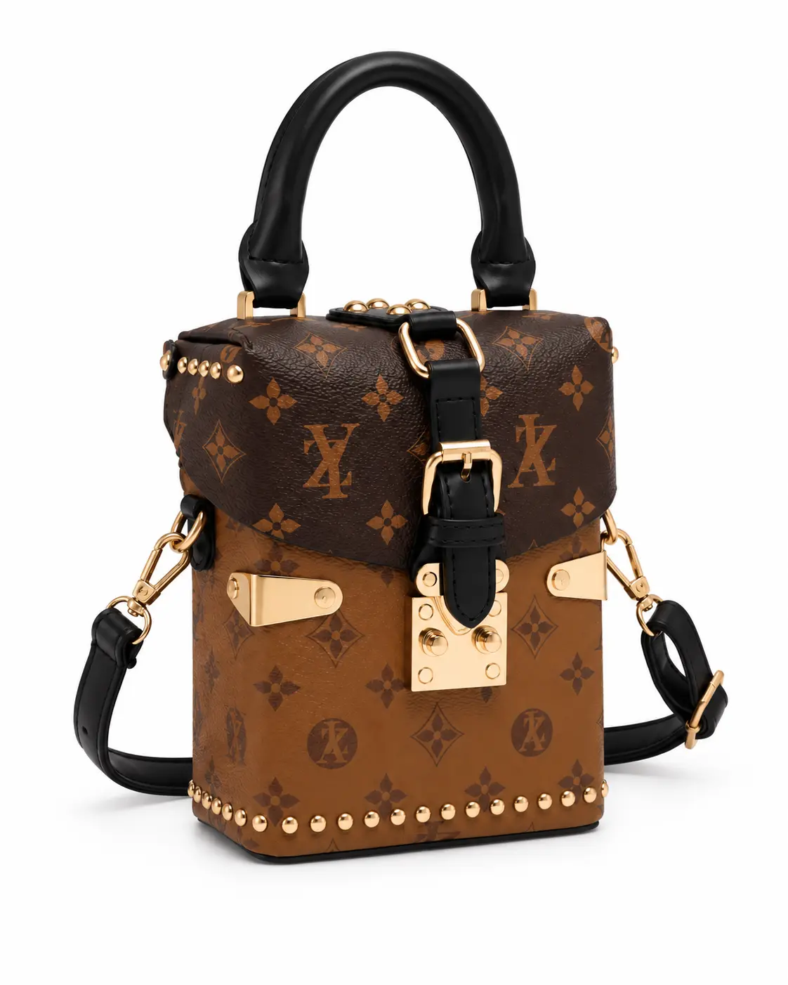 Vintage Monogram Mini Box Phone Bag for Women – Buckle Top Handle Crossbody Purse with Adjustable Shoulder Strap