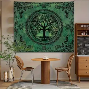 1Pc Bohemian Tree Of Life Tapestry, Green Aesthetic Hippie Ceiling Wall Hanging, Y2K Artistic Mandala Decor For Dorm & Living Room - Easy Installation|   Durable Wrinkle Resistant Fabric|   100% Polyester|   Peach Light Beige Fabric|