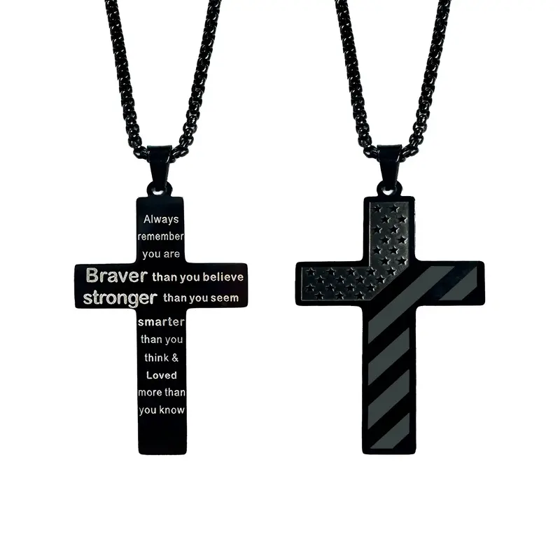 AGICEA Men's Stainless Steel Engraved Necklace - 1.8x1.2in American Flag Pendant with Bible Verse, Bold Faith Chain, Men's Accessories for Baptism, Communion, Father's Day Gifts