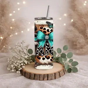 Leopard Print Tumbler with Teal Bow and Butterfly Design, Personalized with Initials, Ideal for Drinks and Beverages