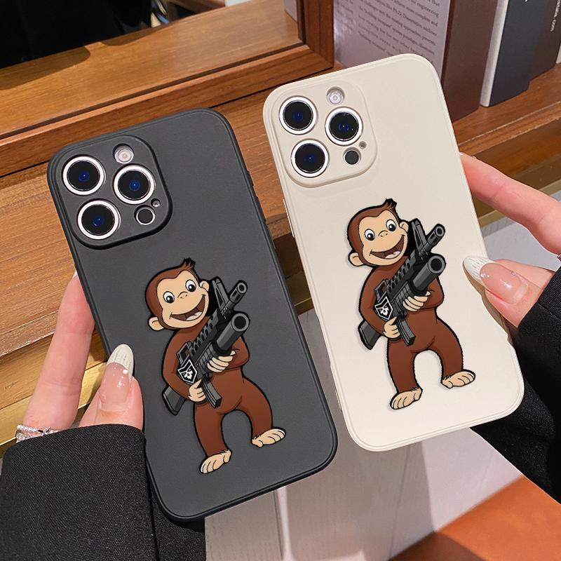 Machine Gun Monkey Pattern Straight Edge Phone Case for iPhone 17 16 Pro Max 15 14 13 12 11 Air XR E XS Plus Shockproof Non Slip Military-Grade Protection Silicone Cover