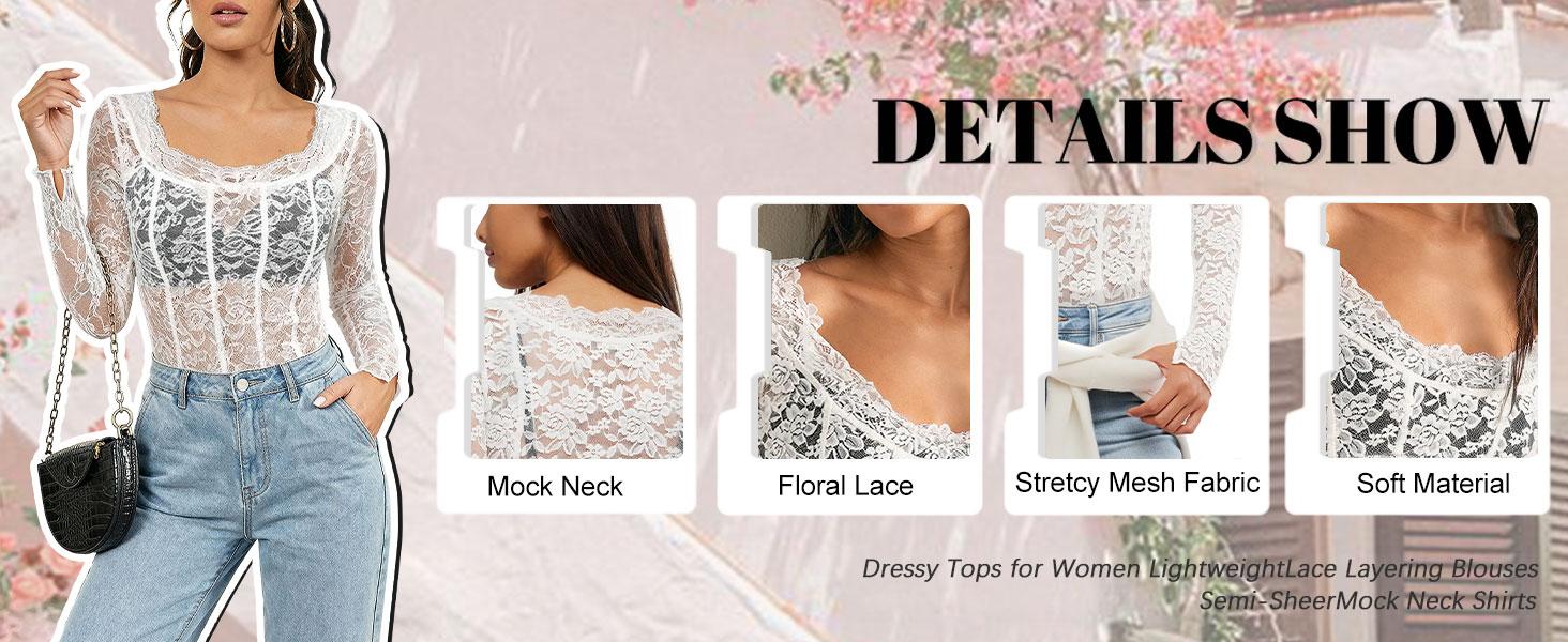 ETCYY Women's Mesh Top | Sexy Lace Long Sleeve Shirt Crewneck Slim Fitted See Through Blouse,Sheer Lace Crew Neck Blouse,Floral Sheer Mesh Top