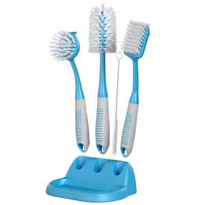 Dish Brush Set of 5 with Convenient Holder, Bottle Water Brush, Scrubber Brush and Straw Brush - Kitchen Scrub Brushes Non Slip Long Handle Household Cleaning