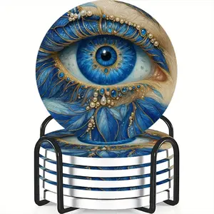 6-Piece Coaster Set Blue Gemstone Eyes Ceramic Non-Slip Heat Resistant Coffee Drink Home Restaurant Decor Ideal Gift Birthday Holiday
