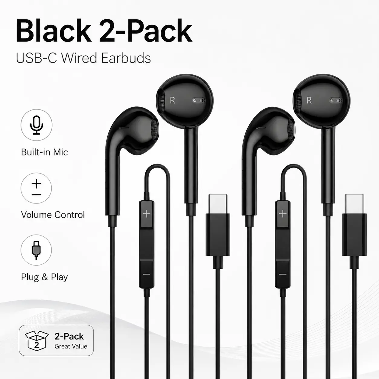 2-Pack Type-C Wired In-Ear Headphones with Mic + Vol Ctrl, Plug-and-Play Everyday Earbuds for Mobile Daily Calls & Music Use