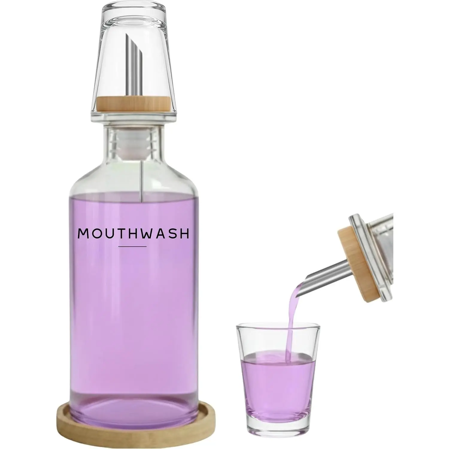 12oz Stainless Steel Bathroom Glass Mouthwash Dispenser Set - Lead-Free Modern Eco-Friendly Refill Bottle with Cup, Bamboo Countertop Tray, Gift Box - Home Bathroom Sink Supplies for Housewarming, Any Occasion Gift