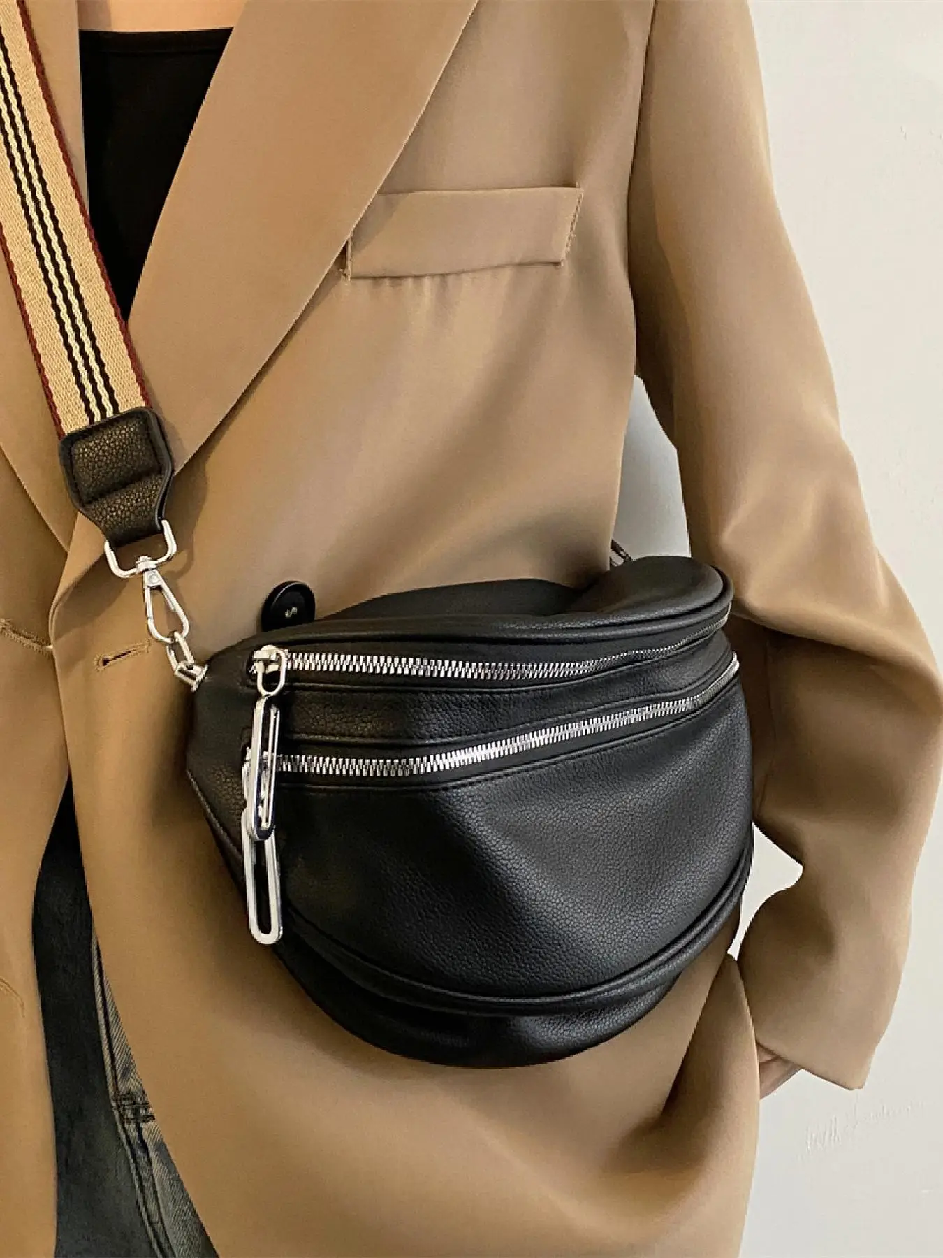 Women's Fashion Solid Color Fanny Pack, Simple Double Zipper Chest Bag, Casual Shoulder Bag For Daily Used