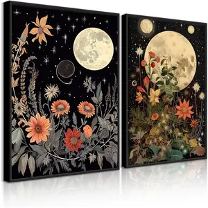Vintage Moon Flowers Wall Art Retro Celestial Floral Wall Decor Cottagecore Moon Star Wildflower Poster Orange Yellow Rustic Ethereal Mystical Moonlight Canvas Prints Unframed(12x16in) Room Ornaments Photo Artistic Decoration