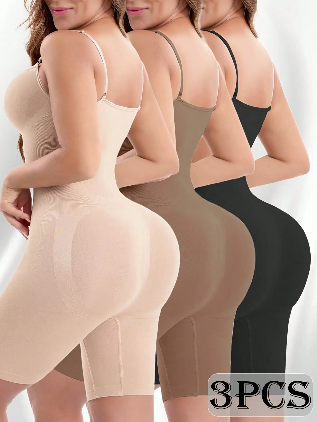 Three Piece Seamless Shapewear Set, Round Neck Tummy Control Butt Lift Bodycon Shaper Top & Stretch Tight Shorts For Women