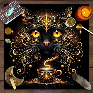 Witchcraft Cat square Tarot Tablecloth Gold Ornate Occult Ritual Mat, Witch-style home decor Altar Cloth Multiple Sizes Polyester Fabric, Easy to Clean and Maintain Decorative Divination Cloth for Spreads & Rituals Gift for family and friends