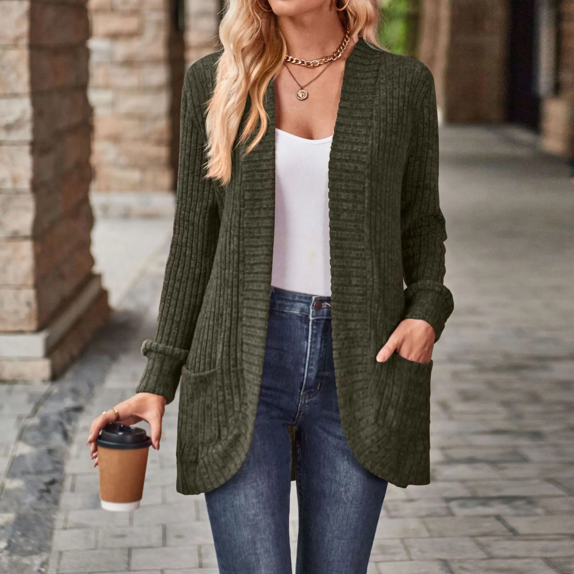 Women's Basic Cardigan Solid Color Long Sleeve Casual Long Pocket Cardigan Sweater