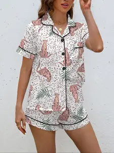 Women's Leopard Print Sleepwear Set Loungewear, Cute Style Short Sleeve Open Front Top & Loose Elastic Shorts, Casual All Season Home Wear