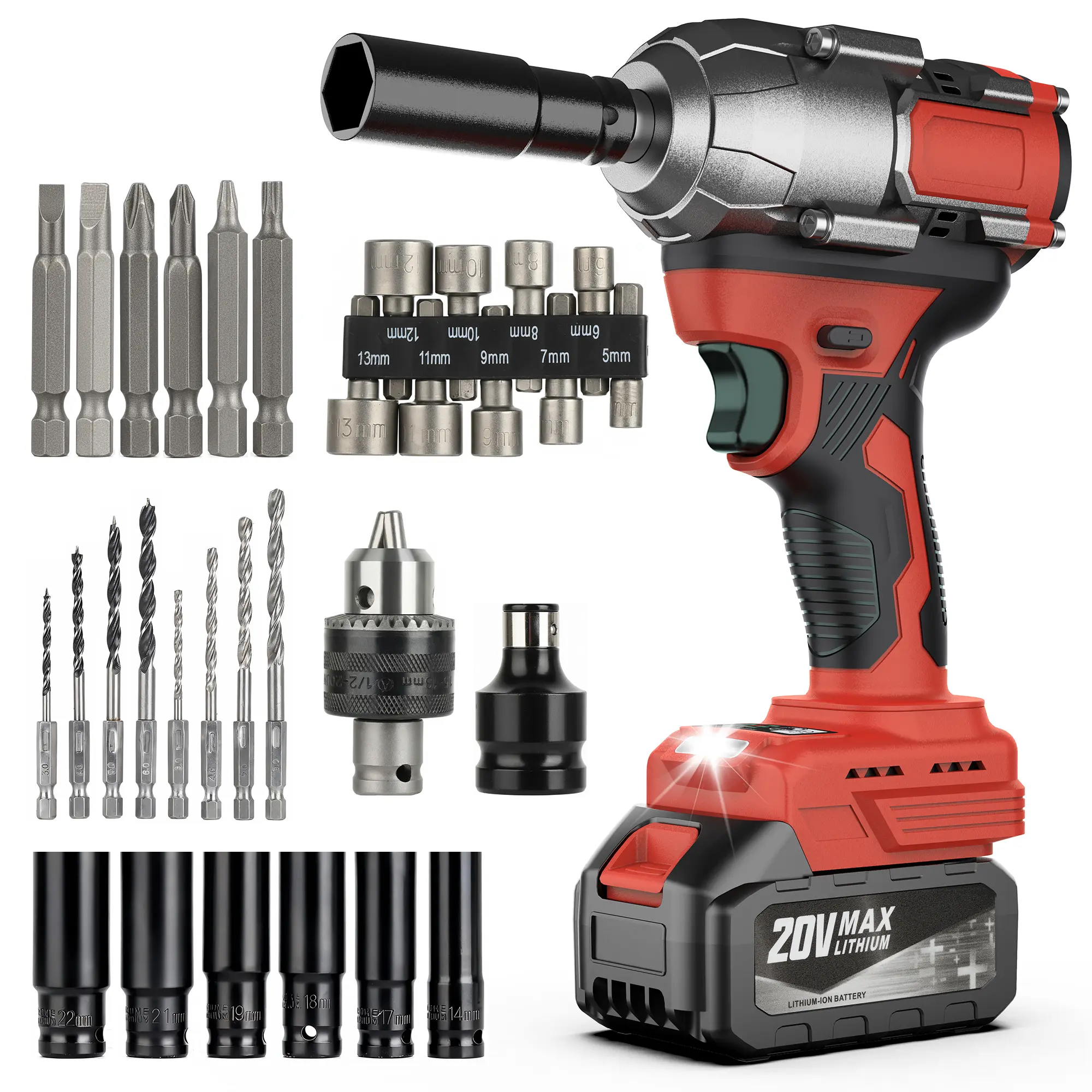 20V Brushless Impact Wrench Kit, 500N.m High Torque Cordless Power Tool with 4-in-1 Drill/Driver, 3-Speed Control, Built-in LED Light, 4.4lb Lightweight Lithium Battery for Auto Repair, DIY