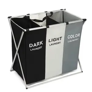 3-Section Printed Laundry Basket, Foldable Waterproof Oxford Bag Hamper with Aluminum Frame, Multicolored Clothes Storage for Home & Dormitory