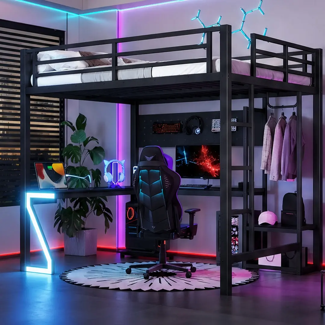 Full Size Loft Bed with L-Shaped Desk and USB Ports, Metal Loft Bed Frame with Computer Tray, Peg Board, Gaming Z-Shaped Lights, Black, Heavy Duty, for Bedroom Dorm Gaming Room, Full Size Options, Black Color Options, Metal Material