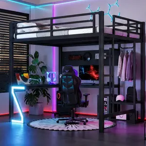 Full Size Loft Bed with L-Shaped Desk and USB Ports, Metal Loft Bed Frame with Computer Tray, Peg Board, Gaming Z-Shaped Lights, Black, Heavy Duty, for Bedroom Dorm Gaming Room, Full Size Options, Black Color Options, Metal Material