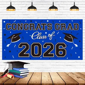 Graduation Party Decorations 2026 Plastic Backdrop - 65" x 32.7" Congrats Grad Banner in Blue, Large Class of 2026 Decorations, Photography & Grad Party Supplies