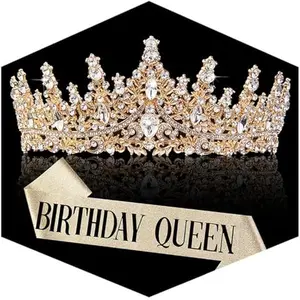Women's Crystal Rhinestone Gold Crown - Female Princess Queen Headband, Wedding Bridal Hair Accessory for Birthday Prom Photo Props