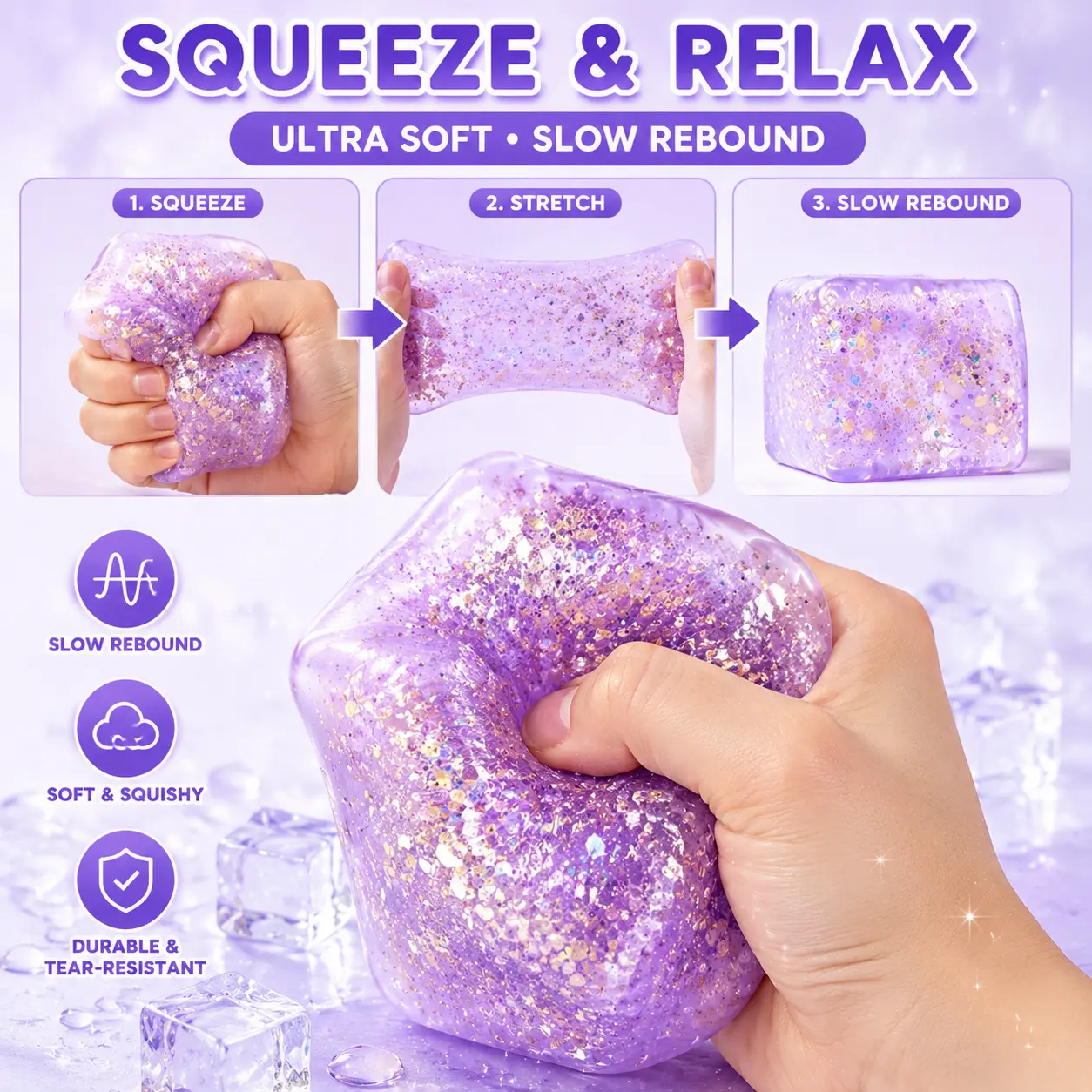 Glitter Ice Cube Squeeze Toy, Slow Rebound, Sparkly Squishy Stress Relief Fidget Toy, Soft Sensory Toy, Gift for Kids and Adults