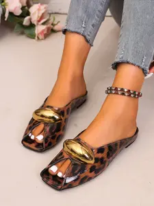Women's Leopard Print Metal Buckle Square Toe Half Slipper, Summer Outdoor Split-Toe Sandals, Vintage Style Flat Mule Shoes, Slip on Mules