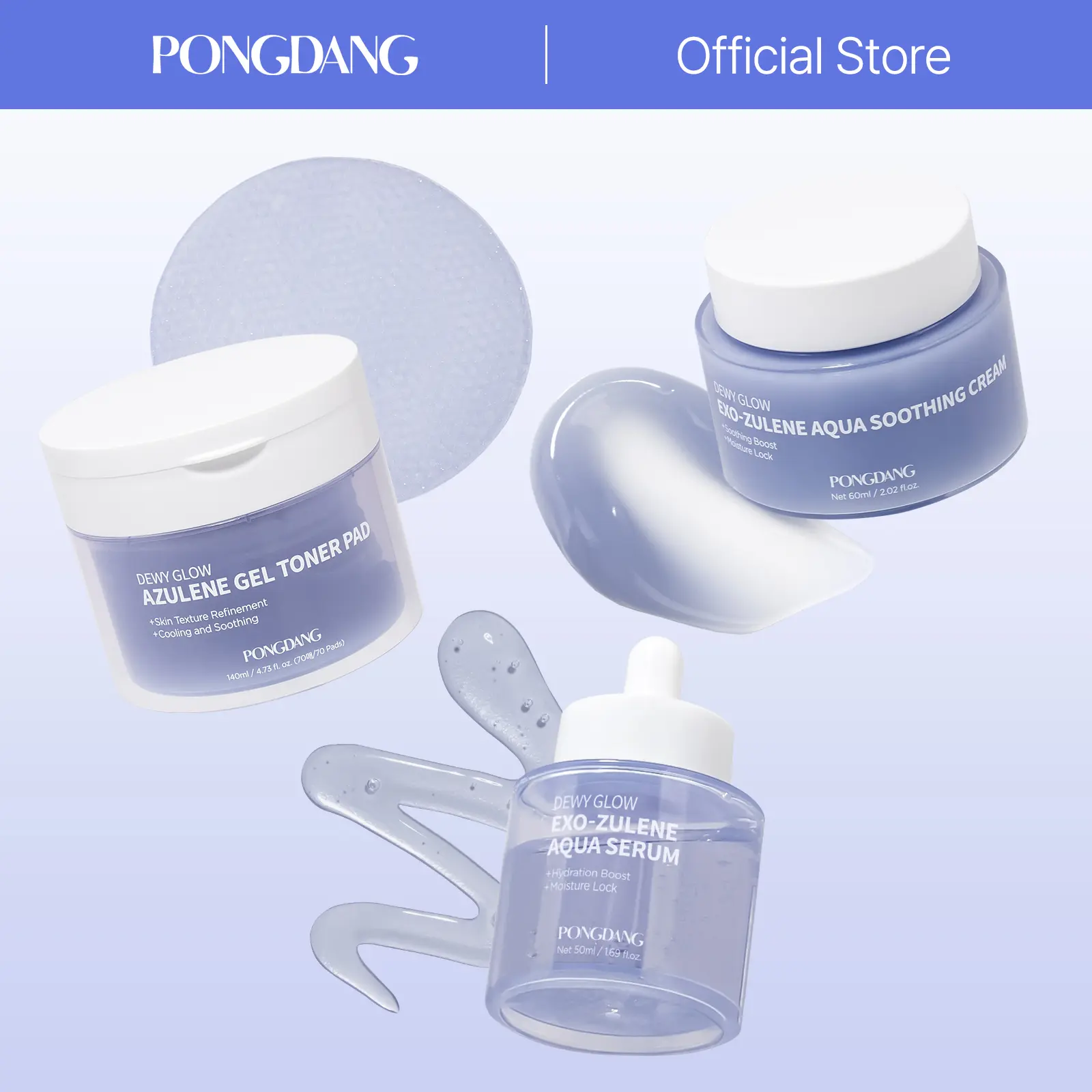 FREE GIFT | [PONGDANG] Korean Skin Care Dewy Glow Cool Hydration Set - Gel Toner Pad, Serum, Soothing Cream | Cooling Calm Routine
