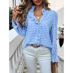 [ Gingham Shirt] Women's Stylish Long Sleeve Gingham Button-Shirt - Light Blue & White Checkered Pattern, Ruffle Detail, Professional Business Look, Machine Washable Cute Fabric