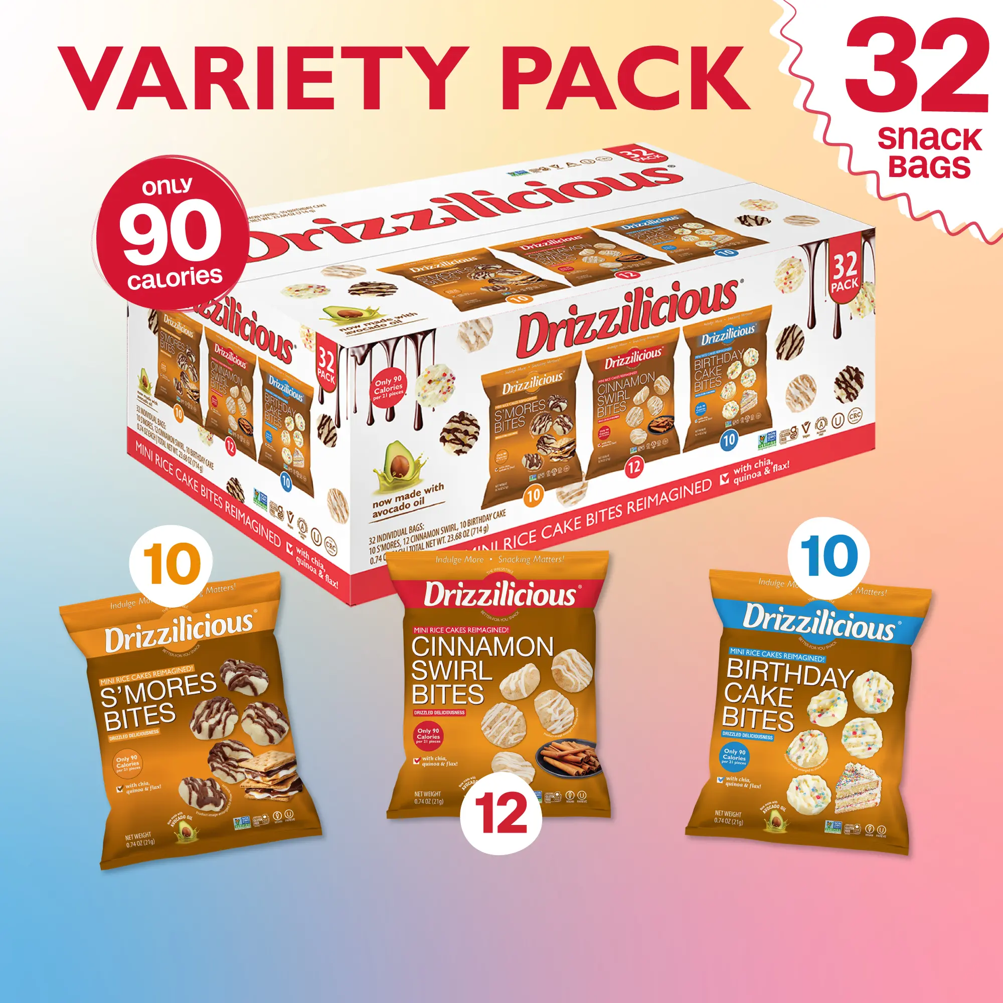 32 Pack - Drizzilicious - Variety Pack Mini Rice Cakes [S'mores, Cinnamon Swirl, Birthday Cake] Only 90 Calories Per Bag - .74 oz