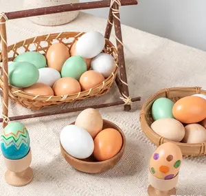 Kids Blank Wooden Egg Drawing Toy, Reusable Solid Wood Unpainted Eggs with Holders, Early Educational Color Recognition DIY Craft Toy for Toddlers 3+
