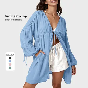 【SS26 Collection】TARSE Womens Oversized Swimsuit Cover Up Linen Blend Tie Front Kimono Long Cardigan Pleated Ruffle Flowy Coverup Beachwear with Pockets Vacation Outfits
