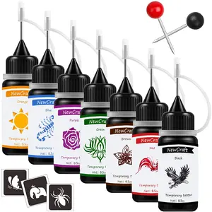 Tattoo Ink and Stencils for Adults Teens Kids, Temporary Tattoo Kit Skin Friendly - Black Red Brown Green Purple Blue Orange